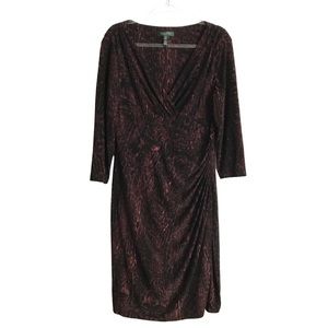 Lauren Ralph Lauren Womens Faux Wrap Ruched 3/4 Sleeve Animal Print Dress 16
